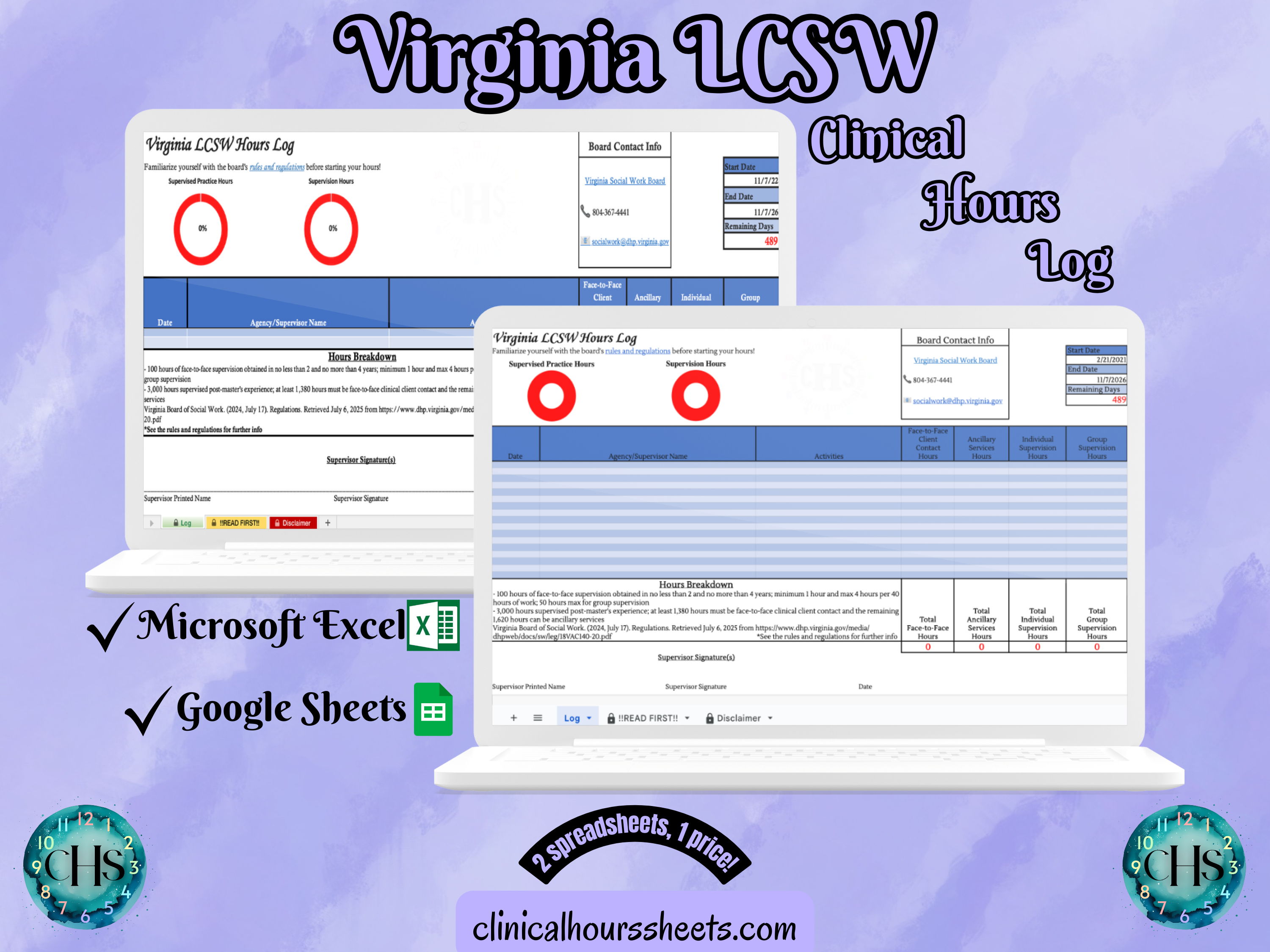 The image is a promotional graphic for a Virginia LCSW Clinical Hours Log, which is a software program used to track the hours worked by healthcare professionals. The graphic features a laptop displaying the Virginia LCSW Hours Log, along with a Microsoft Excel and a Google Sheets spreadsheet. The text on the image includes the words "Virginia LCSW", "Clinical Hours Log", "Microsoft Excel" and "Google Sheets" to describe the software and its purpose.
