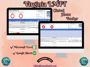 The image is a promotional graphic for a Virginia LMFT Clinical Hours Tracker, which is a software program used to track the hours worked by healthcare professionals. The graphic features a laptop displaying the Virginia LMFT Hours Log, along with a Microsoft Excel and a Google Sheets spreadsheet. The text on the image includes the words "Virginia LMFT", "Clinical Hours Log", "Microsoft Excel" and "Google Sheets" to describe the software and its purpose.