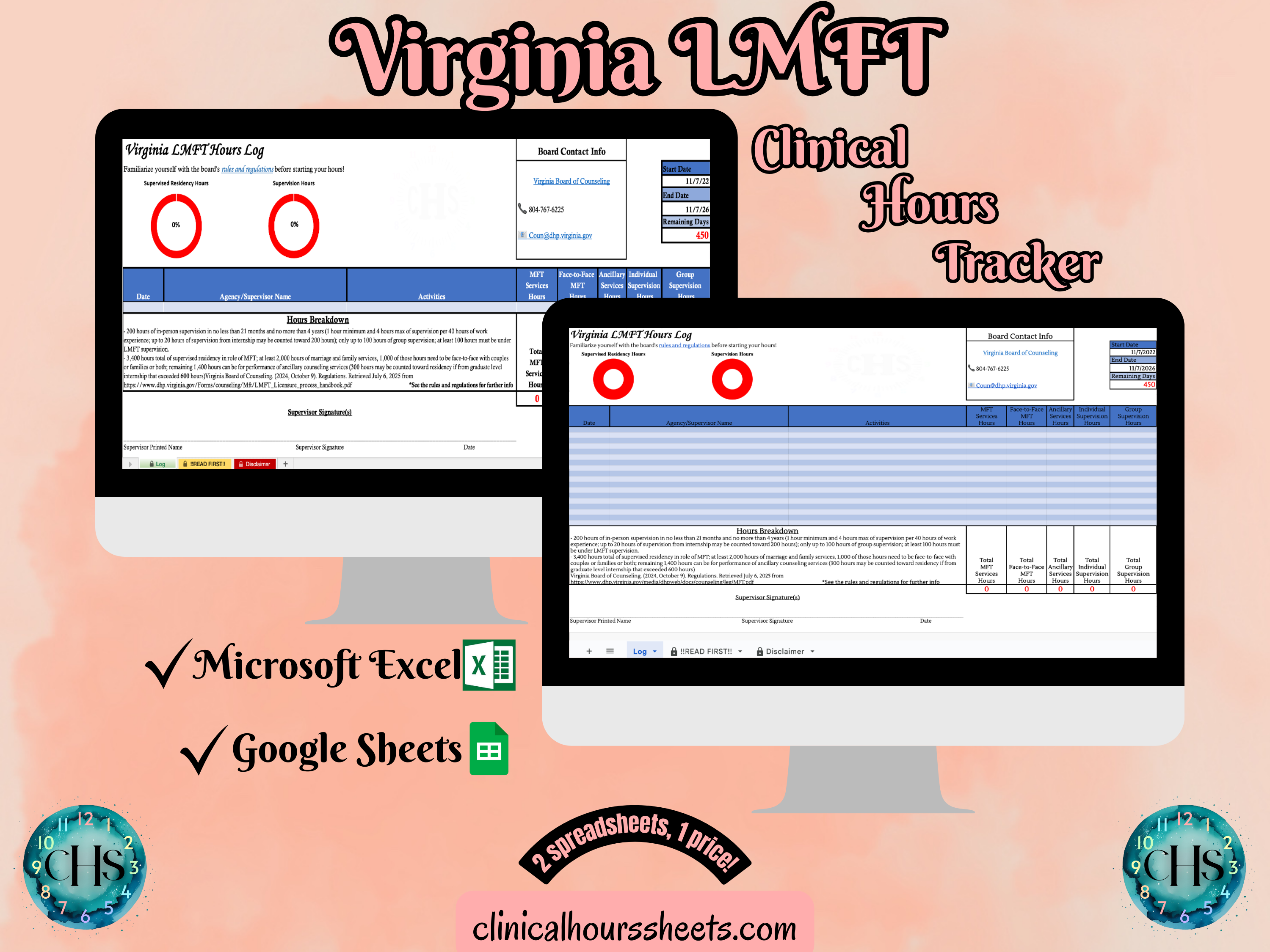 The image is a promotional graphic for a Virginia LMFT Clinical Hours Tracker, which is a software program used to track the hours worked by healthcare professionals. The graphic features a laptop displaying the Virginia LMFT Hours Log, along with a Microsoft Excel and a Google Sheets spreadsheet. The text on the image includes the words "Virginia LMFT", "Clinical Hours Log", "Microsoft Excel" and "Google Sheets" to describe the software and its purpose.