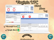 The image is a promotional graphic for a Virginia LPC Clinical Hours Log, which is a software program used to track the hours worked by healthcare professionals. The graphic features a laptop displaying the Virginia LPC Hours Log, along with a Microsoft Excel and a Google Sheets spreadsheet. The text on the image includes the words "Virginia LPC", "Clinical Hours Log", "Microsoft Excel" and "Google Sheets" to describe the software and its purpose.