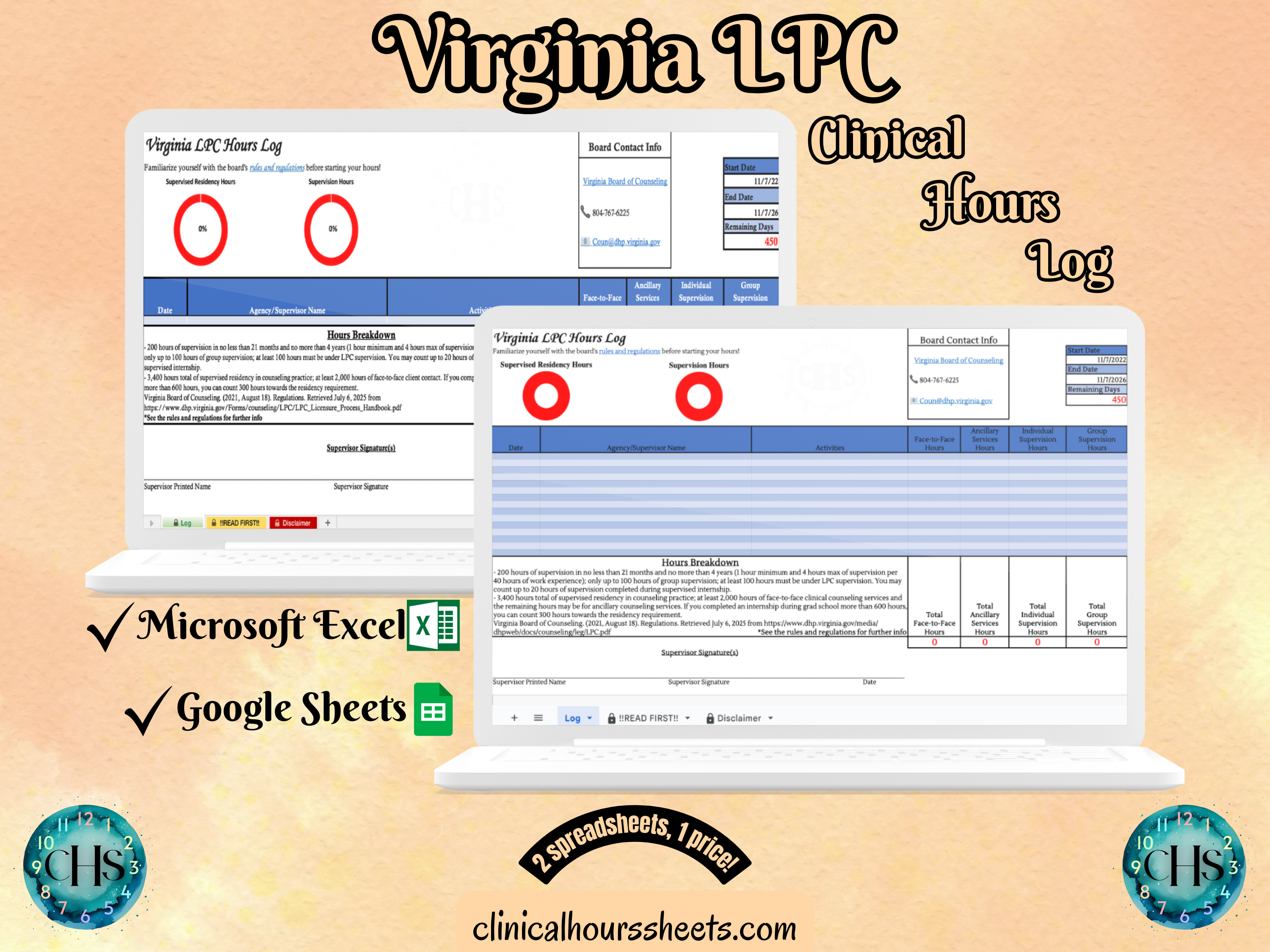 The image is a promotional graphic for a Virginia LPC Clinical Hours Log, which is a software program used to track the hours worked by healthcare professionals. The graphic features a laptop displaying the Virginia LPC Hours Log, along with a Microsoft Excel and a Google Sheets spreadsheet. The text on the image includes the words "Virginia LPC", "Clinical Hours Log", "Microsoft Excel" and "Google Sheets" to describe the software and its purpose.
