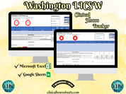 The image is a promotional graphic for a Washington LICSW Clinical Hours Tracker, which is a software program used to track the hours worked by healthcare professionals. The graphic features a laptop displaying the Washington LICSW Hours Log, along with a Microsoft Excel and a Google Sheets spreadsheet. The text on the image includes the words "Washington LICSW", "Clinical Hours Tracker", "Microsoft Excel" and "Google Sheets" to describe the software and its purpose.