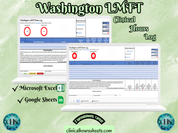 The image is a promotional graphic for a Washington LMFT Clinical Hours Log, which is a software program used to track the hours worked by healthcare professionals. The graphic features a laptop displaying the Washington LMFT Hours Log, along with a Microsoft Excel and a Google Sheets spreadsheet. The text on the image includes the words "Washington LMFT", "Clinical Hours Log", "Microsoft Excel" and "Google Sheets" to describe the software and its purpose.