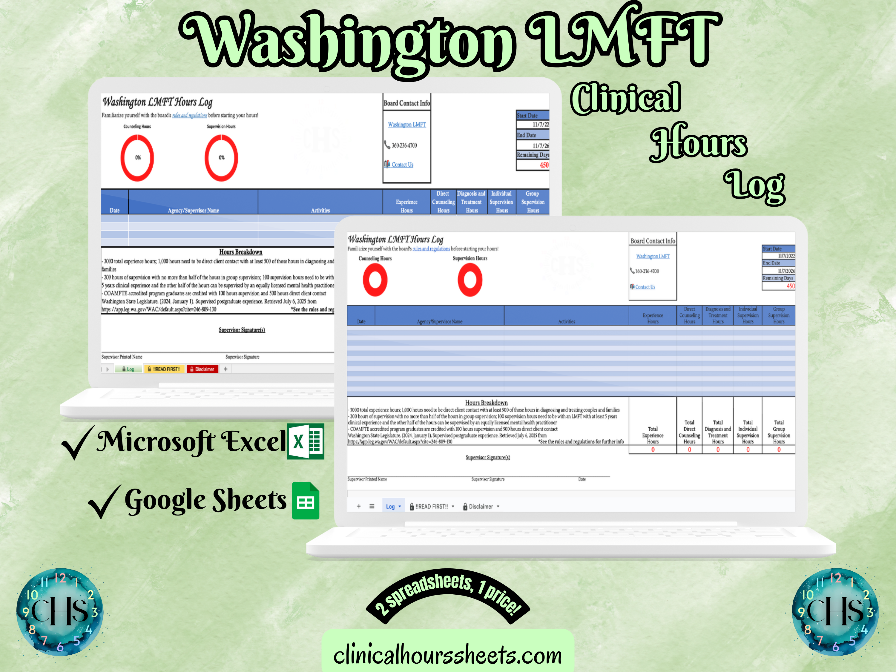 The image is a promotional graphic for a Washington LMFT Clinical Hours Log, which is a software program used to track the hours worked by healthcare professionals. The graphic features a laptop displaying the Washington LMFT Hours Log, along with a Microsoft Excel and a Google Sheets spreadsheet. The text on the image includes the words "Washington LMFT", "Clinical Hours Log", "Microsoft Excel" and "Google Sheets" to describe the software and its purpose.
