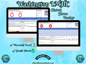 The image is a promotional graphic for a Washington LMHC Clinical Hours Tracker, which is a software program used to track the hours worked by healthcare professionals. The graphic features a laptop displaying the Washington LMHC Hours Log, along with a Microsoft Excel and a Google Sheets spreadsheet. The text on the image includes the words "Washington LMHC", "Clinical Hours Tracker", "Microsoft Excel" and "Google Sheets" to describe the software and its purpose.