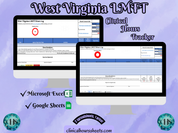 The image is a promotional graphic for a West Virginia LMFT Clinical Hours Tracker, which is a software program used to track the hours worked by healthcare professionals. The graphic features a laptop displaying the West Virginia LMFT Hours Log, along with a Microsoft Excel and a Google Sheets spreadsheet. The text on the image includes the words "West Virginia LMFT", "Clinical Hours Tracker", "Microsoft Excel" and "Google Sheets" to describe the software and its purpose.