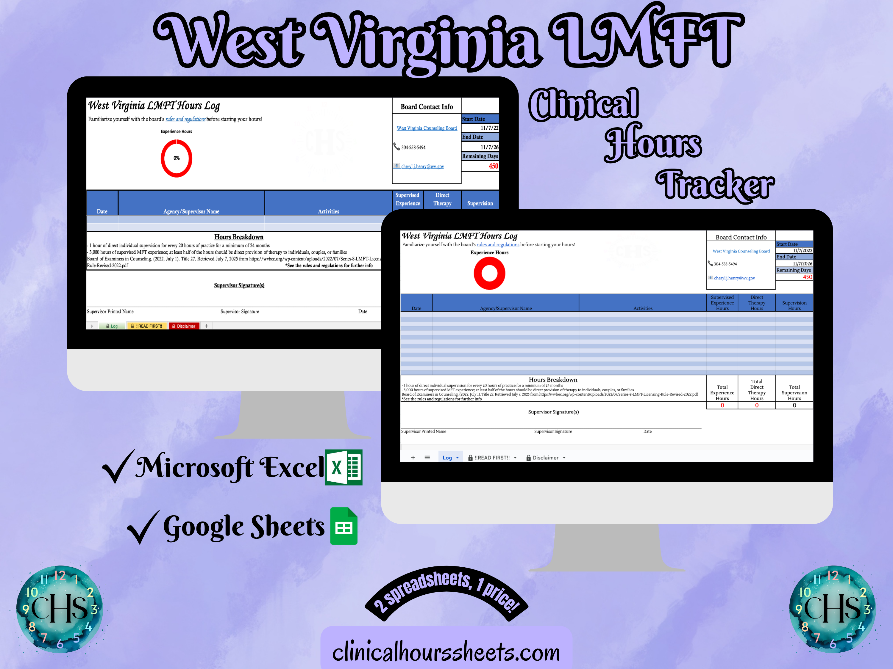 The image is a promotional graphic for a West Virginia LMFT Clinical Hours Tracker, which is a software program used to track the hours worked by healthcare professionals. The graphic features a laptop displaying the West Virginia LMFT Hours Log, along with a Microsoft Excel and a Google Sheets spreadsheet. The text on the image includes the words "West Virginia LMFT", "Clinical Hours Tracker", "Microsoft Excel" and "Google Sheets" to describe the software and its purpose.