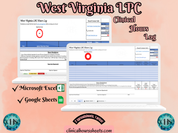 The image is a promotional graphic for a West Virginia LPC Clinical Hours Log, which is a software program used to track the hours worked by healthcare professionals. The graphic features a laptop displaying the West Virginia LPC Hours Log, along with a Microsoft Excel and a Google Sheets spreadsheet. The text on the image includes the words "West Virginia LPC", "Clinical Hours Log", "Microsoft Excel" and "Google Sheets" to describe the software and its purpose.