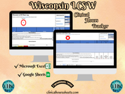 The image is a promotional graphic for a Wisconsin LCSW Clinical Hours Tracker, which is a software program used to track the hours worked by healthcare professionals. The graphic features a laptop displaying the Wisconsin LCSW Hours Log, along with a Microsoft Excel and a Google Sheets spreadsheet. The text on the image includes the words "Wisconsin LCSW", "Clinical Hours Tracker", "Microsoft Excel" and "Google Sheets" to describe the software and its purpose.