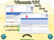 The image is a promotional graphic for a Wisconsin LPC Clinical Hours Log, which is a software program used to track the hours worked by healthcare professionals. The graphic features a laptop displaying the Wisconsin LPC Hours Log, along with a Microsoft Excel and a Google Sheets spreadsheet. The text on the image includes the words "Wisconsin LPC", "Clinical Hours Log", "Microsoft Excel" and "Google Sheets" to describe the software and its purpose.
