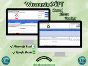 The image is a promotional graphic for a Wisconsin MFT Clinical Hours Tracker, which is a software program used to track the hours worked by healthcare professionals. The graphic features a laptop displaying the Wisconsin MFT Hours Log, along with a Microsoft Excel and a Google Sheets spreadsheet. The text on the image includes the words "Wisconsin MFT", "Clinical Hours Tracker", "Microsoft Excel" and "Google Sheets" to describe the software and its purpose.