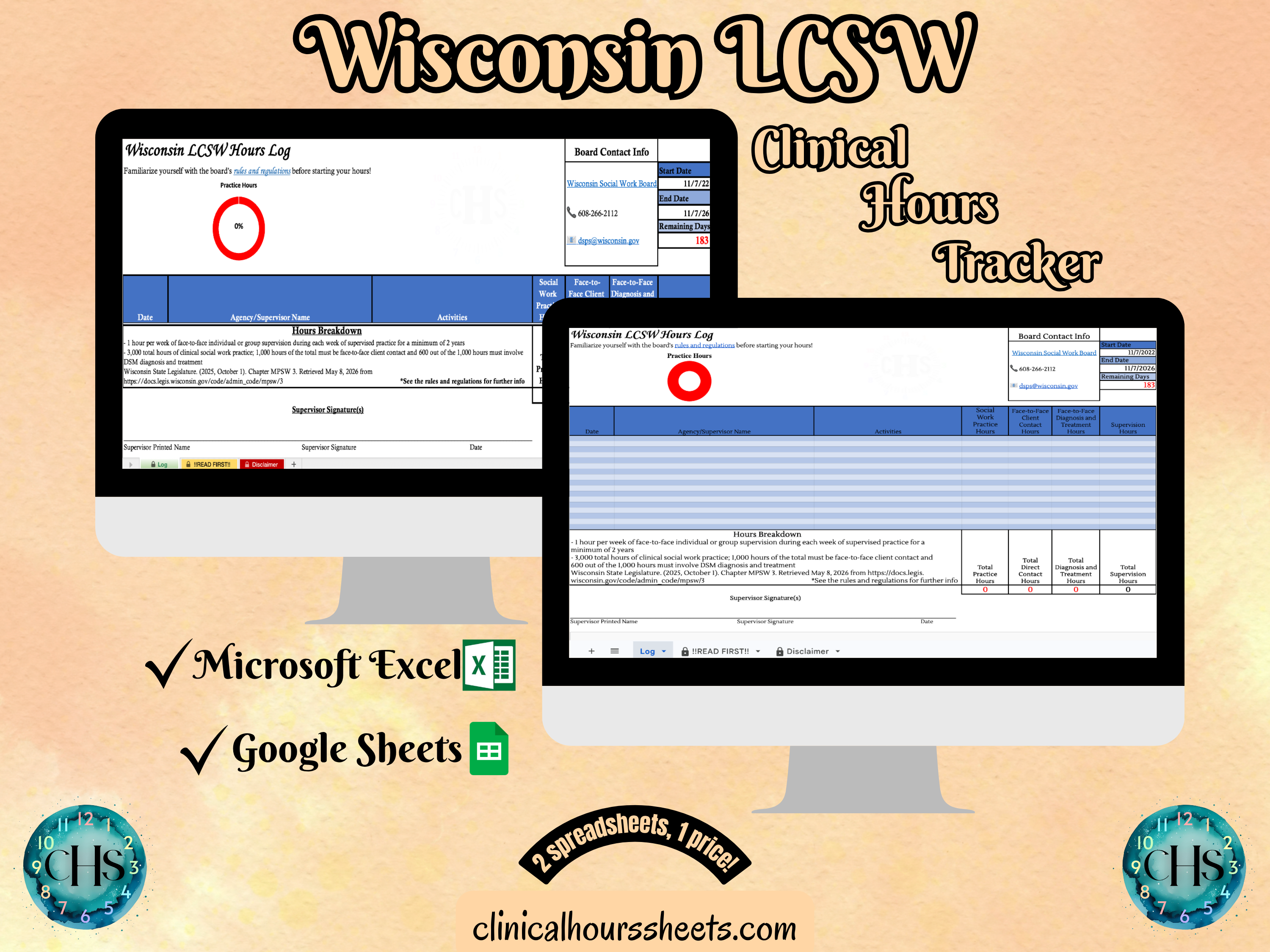 Wisconsin, LCSW Hours Tracker, Clinical Supervision Log for Master Social Worker - MSW Student or MSW Graduation Gift