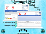 The image is a promotional graphic for a Wyoming LCSW Clinical Hours Log, which is a software program used to track the hours worked by healthcare professionals. The graphic features a laptop displaying the Wyoming LCSW Hours Log, along with a Microsoft Excel and a Google Sheets spreadsheet. The text on the image includes the words "Wyoming LCSW", "Clinical Hours Log", "Microsoft Excel" and "Google Sheets" to describe the software and its purpose.