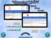 The image is a promotional graphic for a Wyoming LMFT Clinical Hours Tracker, which is a software program used to track the hours worked by healthcare professionals. The graphic features a laptop displaying the Wyoming LMFT Hours Log, along with a Microsoft Excel and a Google Sheets spreadsheet. The text on the image includes the words "Wyoming LMFT", "Clinical Hours Tracker", "Microsoft Excel" and "Google Sheets" to describe the software and its purpose.