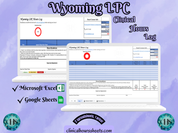 The image is a promotional graphic for a Wyoming LPC Clinical Hours Log, which is a software program used to track the hours worked by healthcare professionals. The graphic features a laptop displaying the Wyoming LPC Hours Log, along with a Microsoft Excel and a Google Sheets spreadsheet. The text on the image includes the words "Wyoming LPC", "Clinical Hours Log", "Microsoft Excel" and "Google Sheets" to describe the software and its purpose.