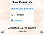 Picture showing Alabama LICSW board contact information including website link, phone number, and contact us page.