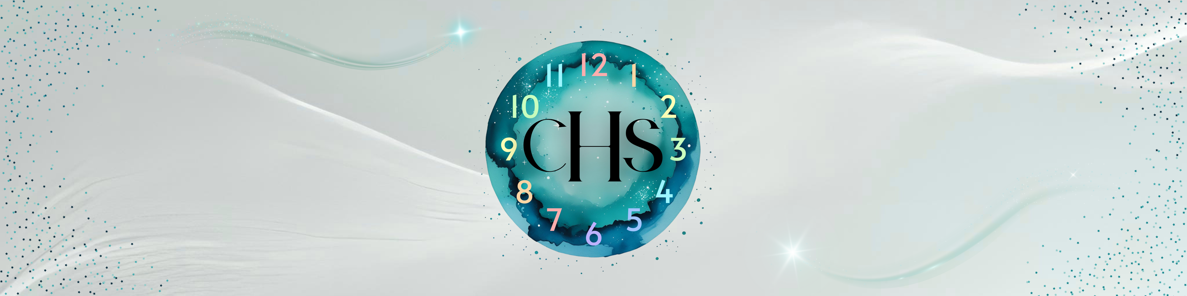 Clock with 'CHS' branding on a light blue background