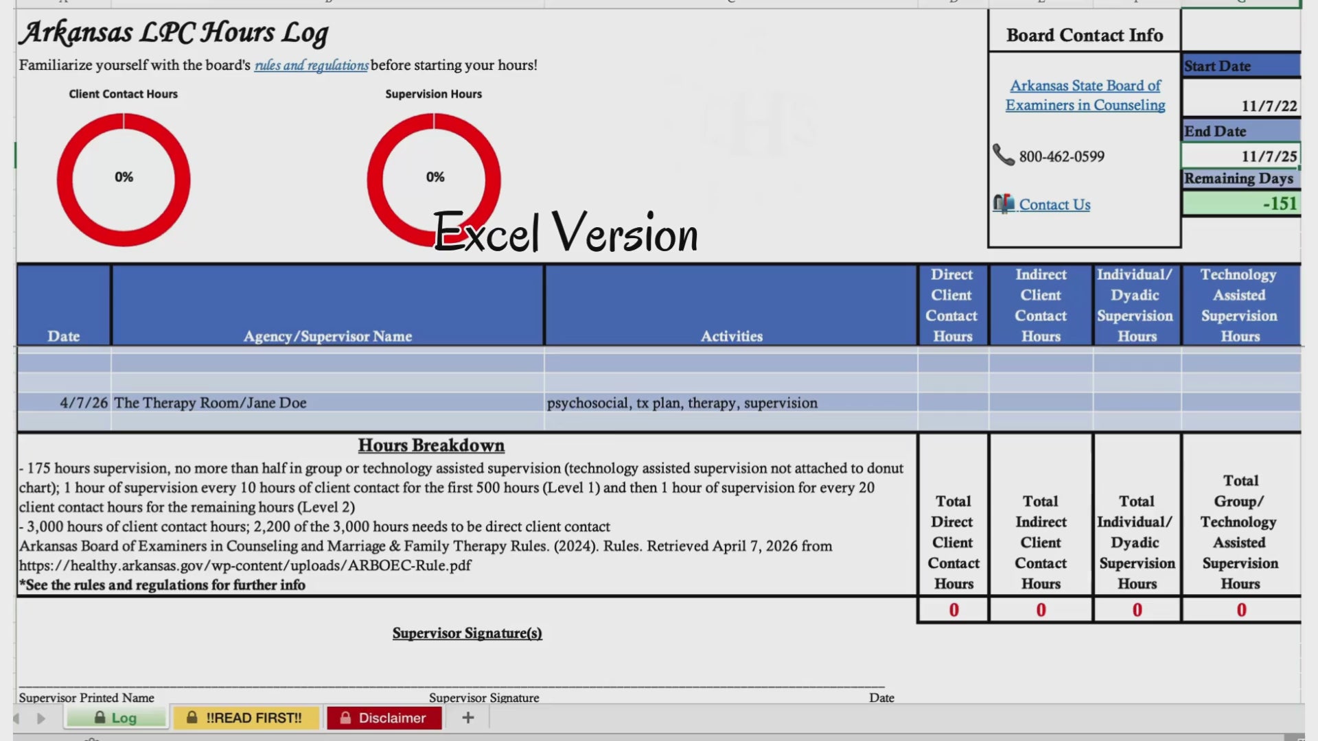 Arkansas LPC, Clinical Hours Tracker, Supervision Log for Licensed Associate Counselor - Counseling Graduation Gift