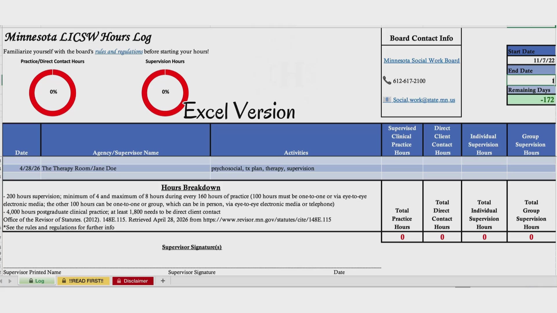 Minnesota LICSW, Clinical Hours Tracker, Supervision Log for Master Social Worker - MSW Student or MSW Graduation Gift
