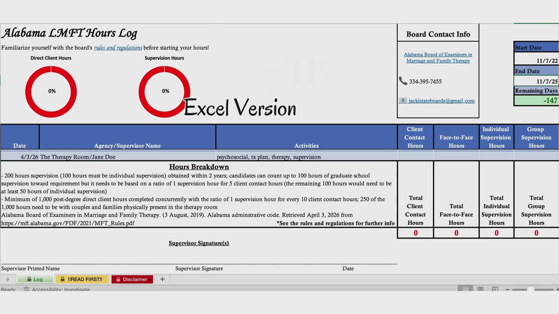 Alabama LMFT, Clinical Hours Tracker, Supervision Log for Marriage and Family Therapist Associate - Therapy Graduation Gift
