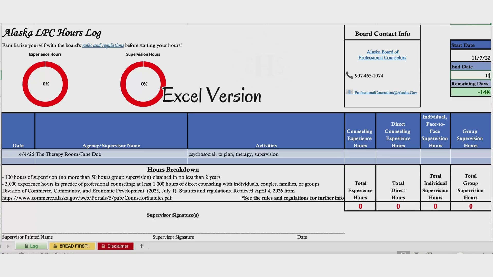 Alaska LPC, Clinical Hours Tracker, Supervision Log for Seeking License as a Professional Counselor - Counseling Graduation Gift
