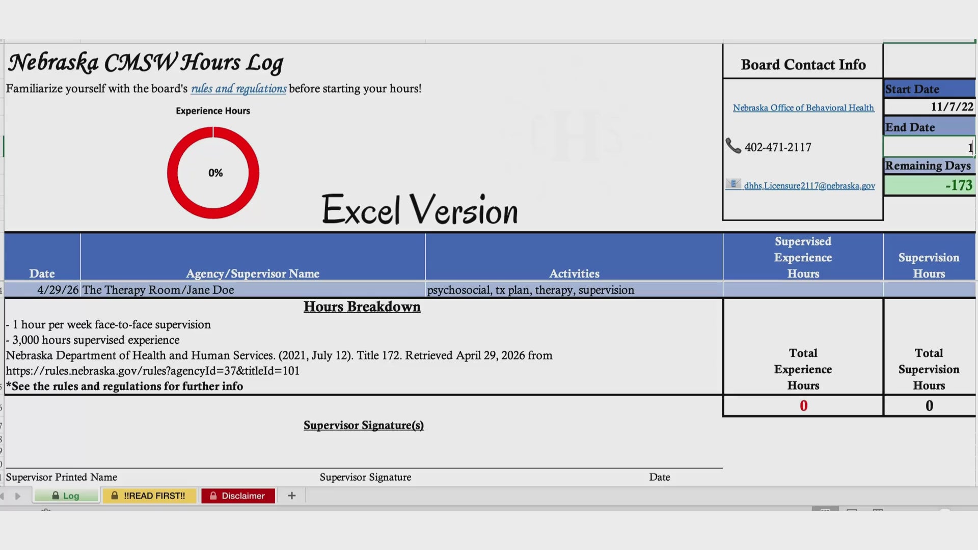 Nebraska CMSW, Clinical Hours Tracker, Supervision Log for Provisional Certified Master Social Worker - MSW Graduation Gift
