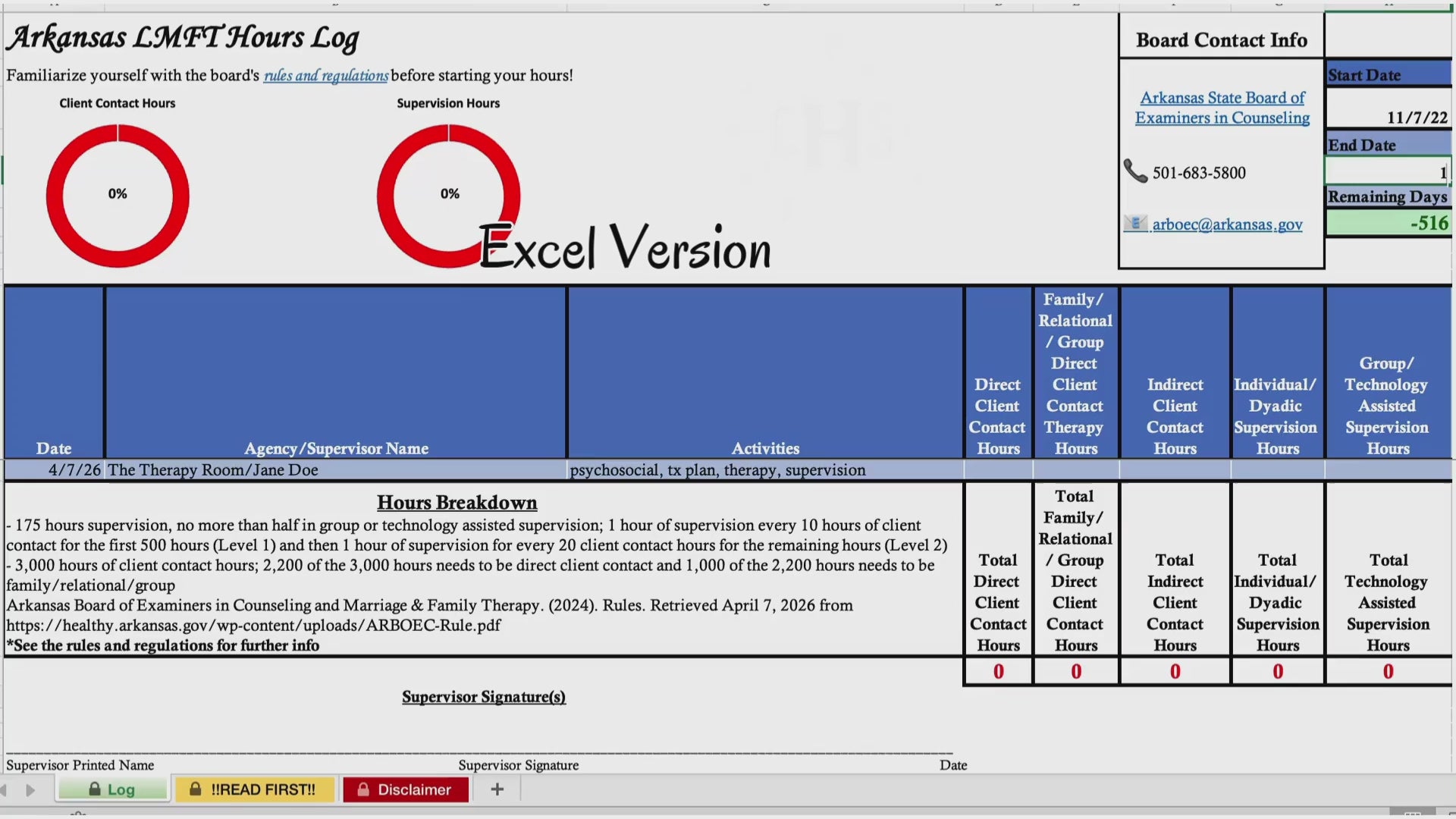 Arkansas LMFT, Clinical Hours Tracker, Supervision Log for Licensed Associate Marriage and Family Therapist - Therapy Graduation Gift