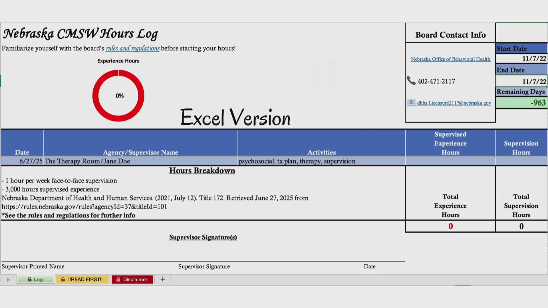Nebraska CMSW, Clinical Hours Tracker, Supervision Log for Provisional Certified Master Social Worker - MSW Graduation Gift