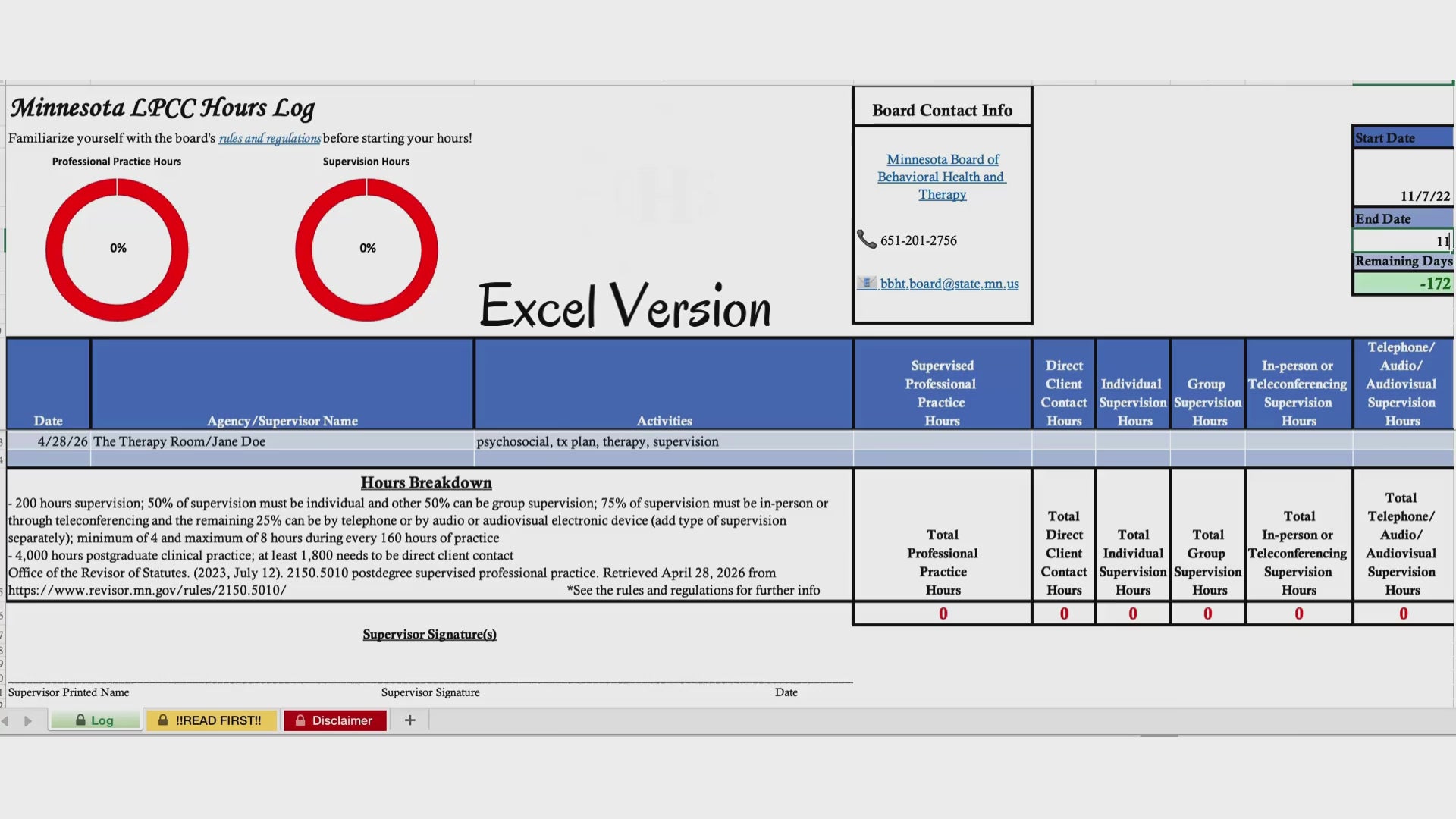 Minnesota LPCC, Clinical Hours Tracker, Supervision Log for Licensed Professional Counselor - Counseling Graduation Gift