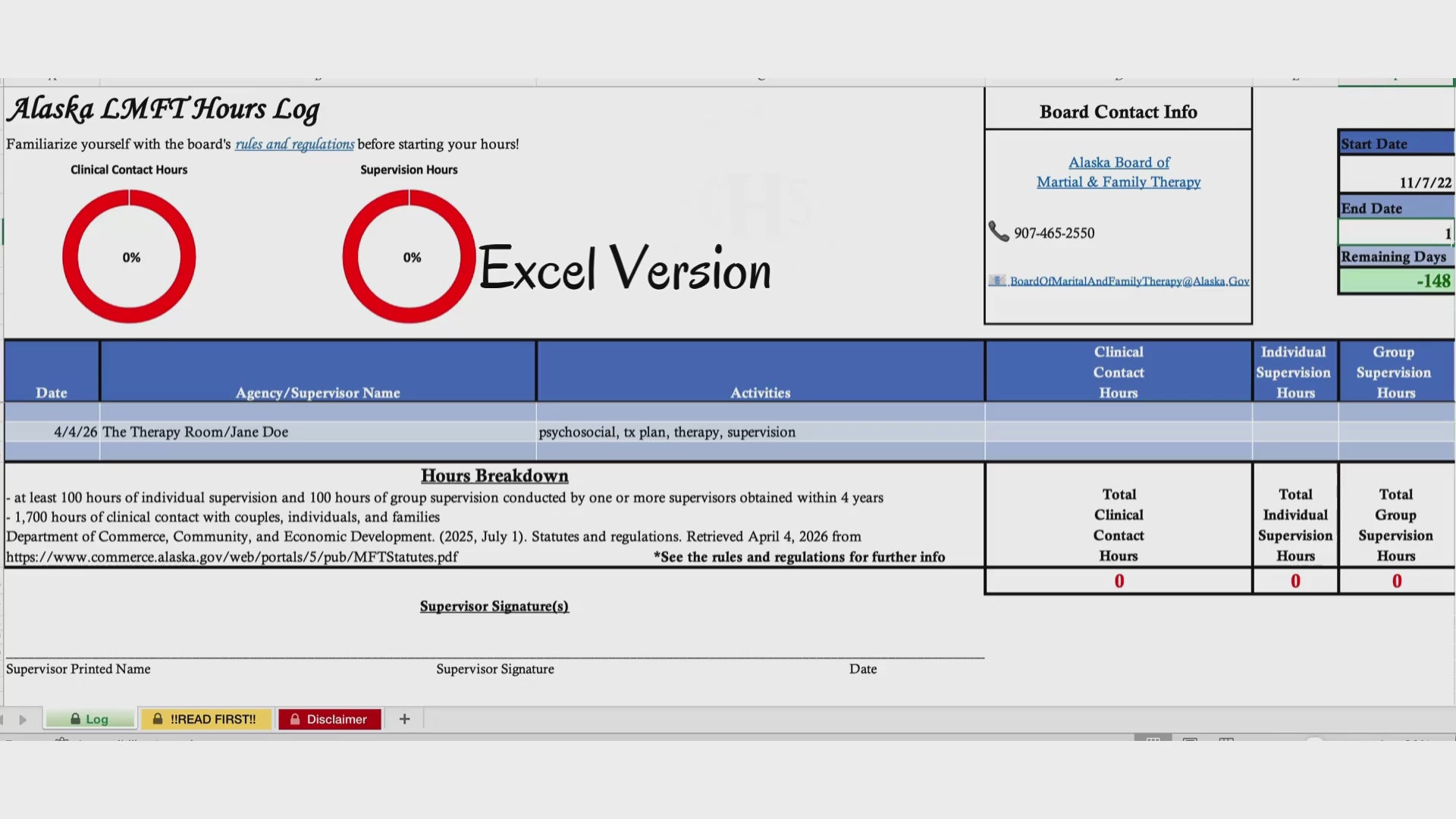 Alaska LMFT, Clinical Hours Tracker, Supervision Log for Licensed Marital Family Therapy Associate - Therapist Graduation Gift