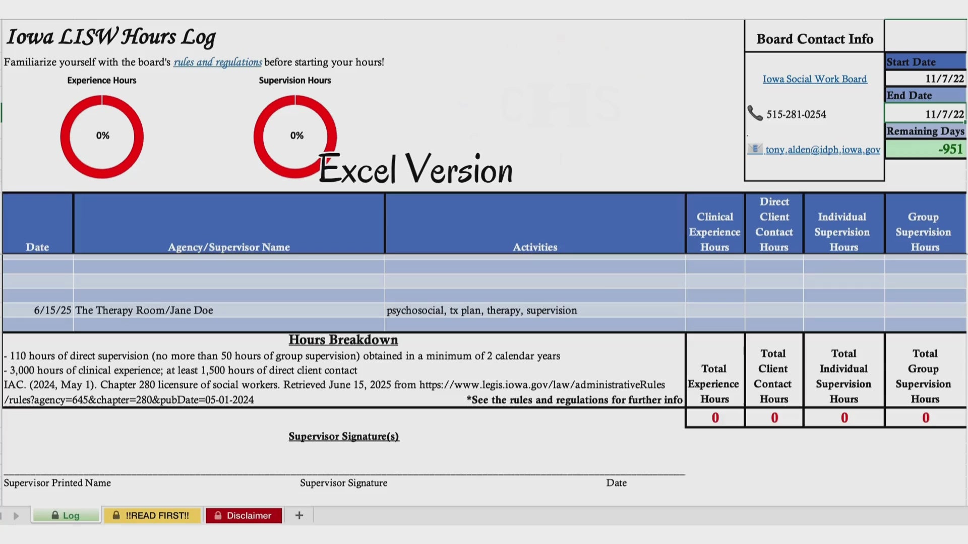 Iowa LISW, Clinical Hours Tracker, Supervision Log for Master Social Worker - MSW Student or MSW Graduation Gift