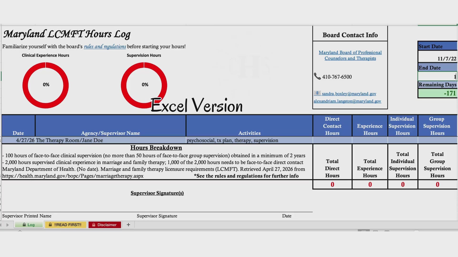 Maryland LCMFT, Clinical Hours Tracker, Supervision Log for Licensed Graduate Marriage and Family Therapist - Therapy Graduation Gift
