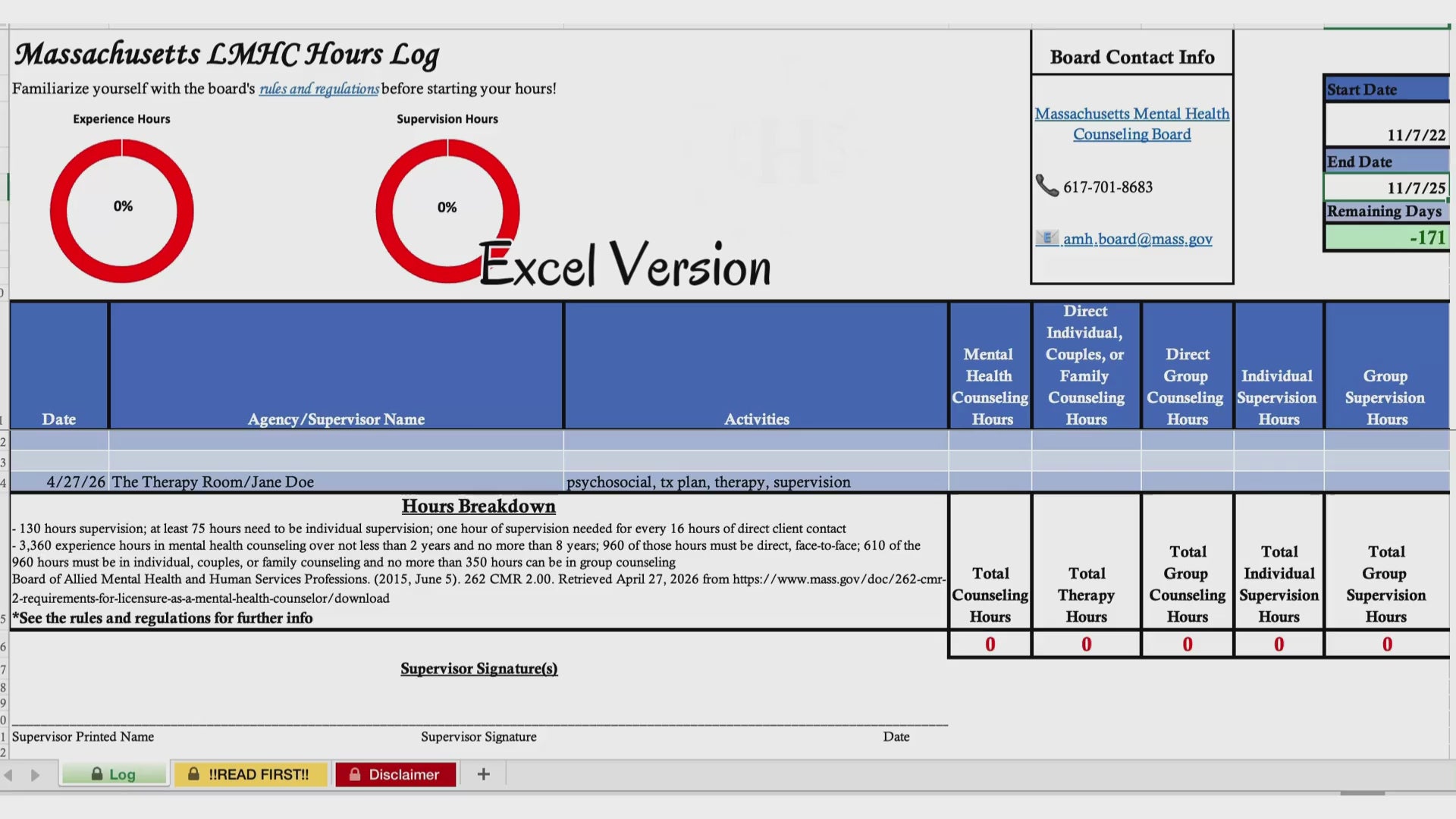 Massachusetts LMHC, Clinical Hours Tracker, Supervision Log for Associate Licensed Counselor - Counseling Graduation Gift