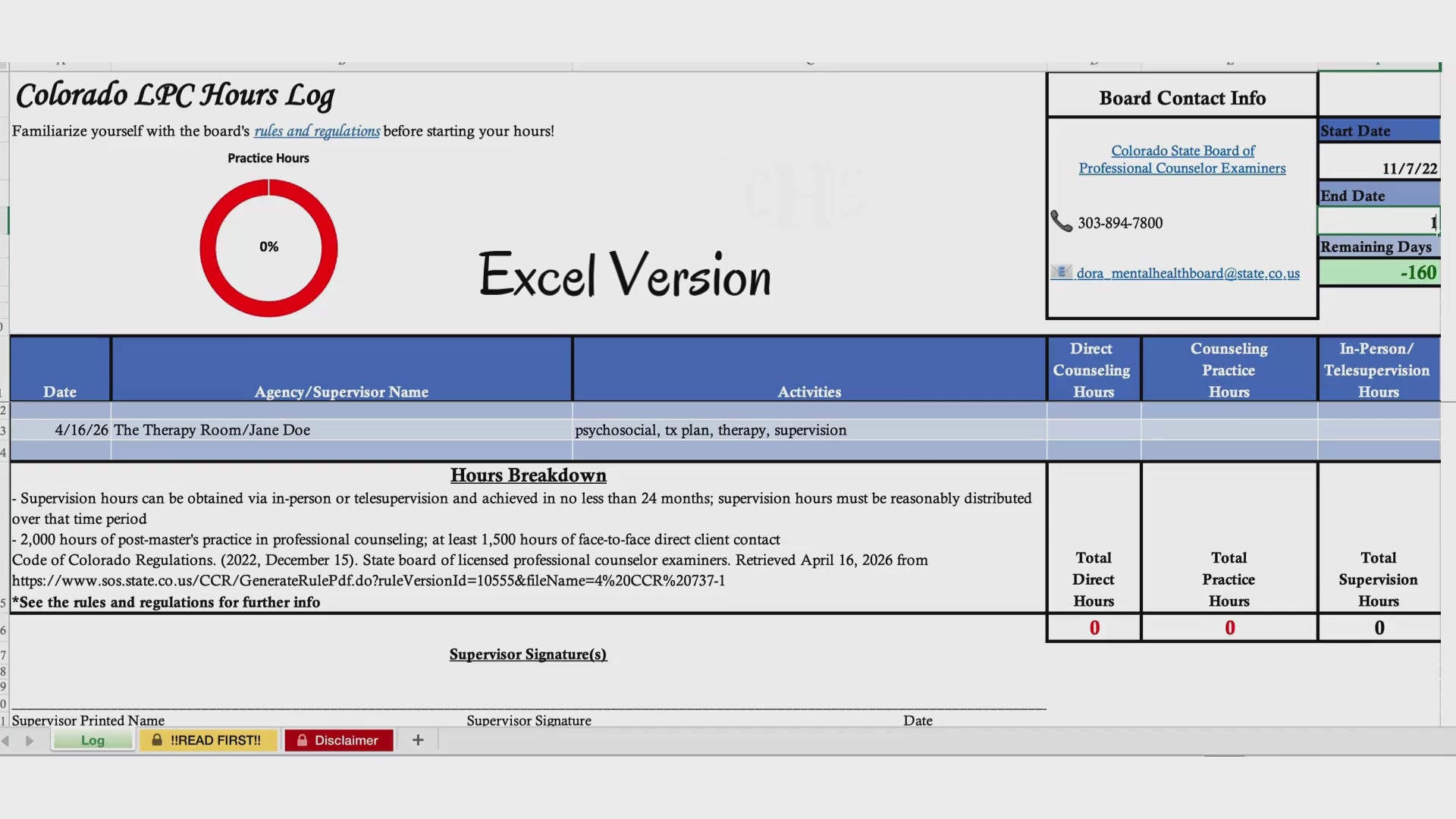Colorado LPC, Clinical Hours Tracker, Supervision Log for Licensed Professional Counselor Candidate - Counseling Graduation Gift