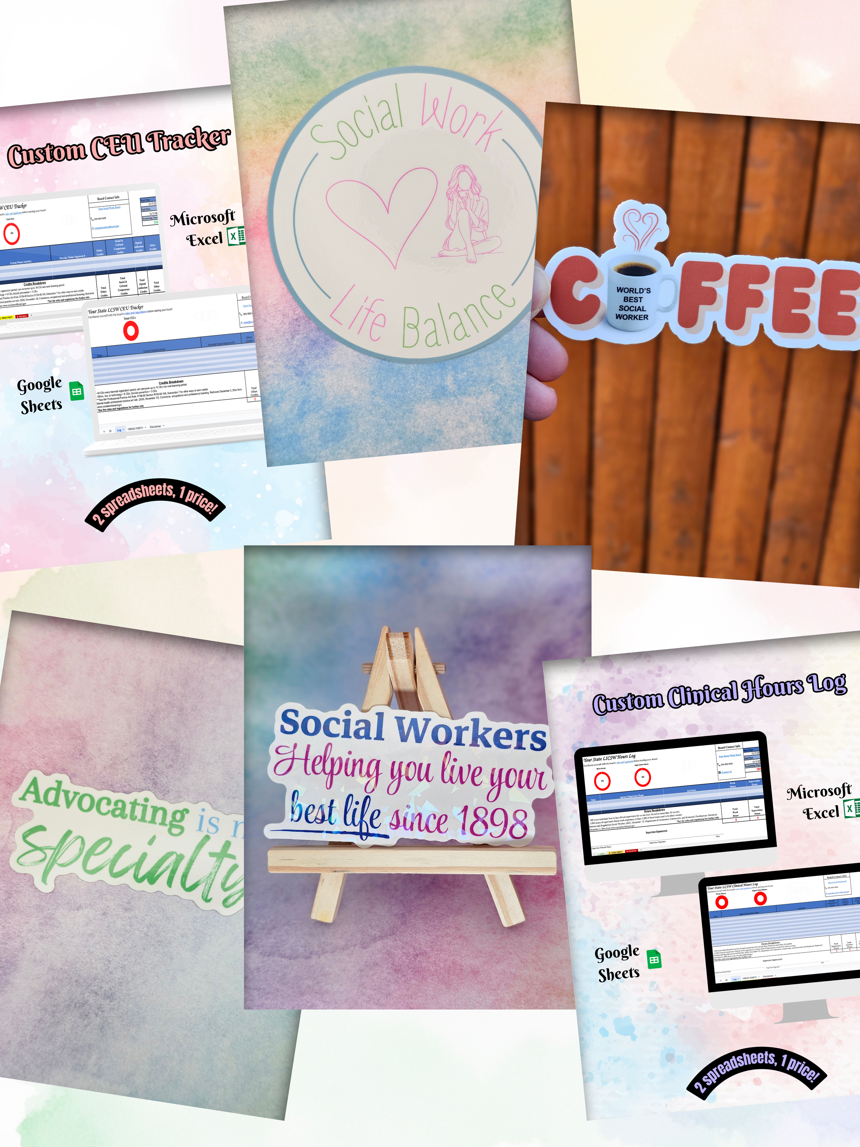 Custom logs and stickers with various designs and text on a white background