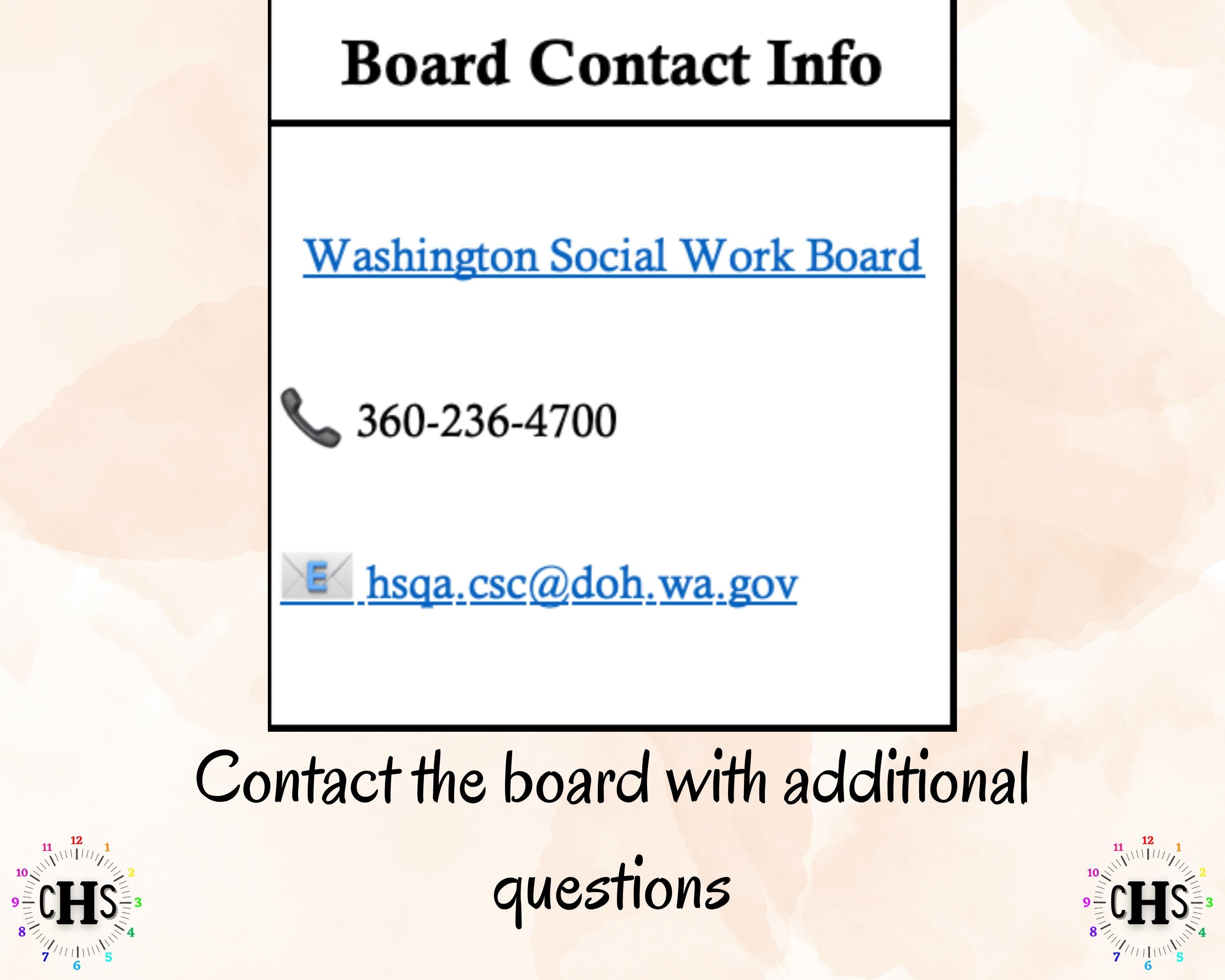 A picture from the Washington LICSW board contact info with a link to the board website, phone number, and email address.