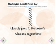 Washington LICSW clinical hours log with link to the board rules and regulations.