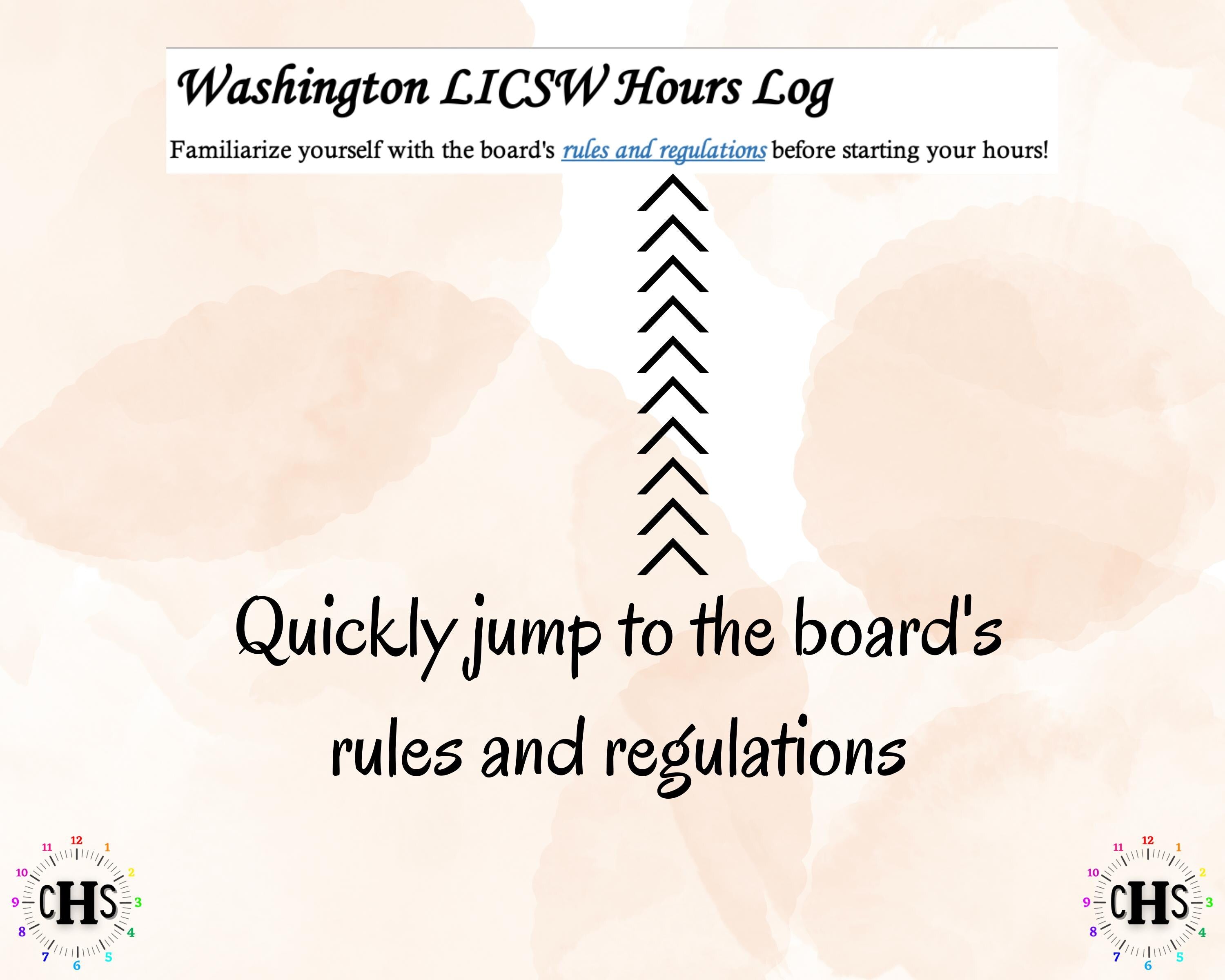 Washington LICSW clinical hours log with link to the board rules and regulations.
